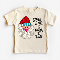 Santa Claus Is Coming To Town Christmas T-Shirt product design and garment details.