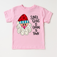 Santa Claus Is Coming To Town Christmas T-Shirt product design and garment details.