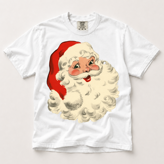 Retro vintage Santa Claus Christmas graphic on a white Comfort Colors T-shirt