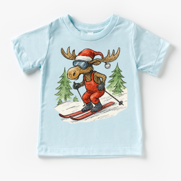 Vintage Moose Snow Skiing Christmas T-Shirt - Christmas Tee
