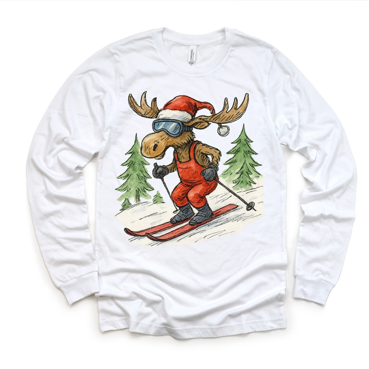 Vintage Moose Snow Skiing Christmas T-Shirt - Christmas Tee