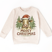 Mooey Christmas Farm Cow Christmas design on a natural sweatshirt.