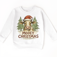 Mooey Christmas Farm Cow Christmas design on a white sweatshirt.