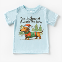 Dachshund Through The Snow Christmas design on a blue garment.