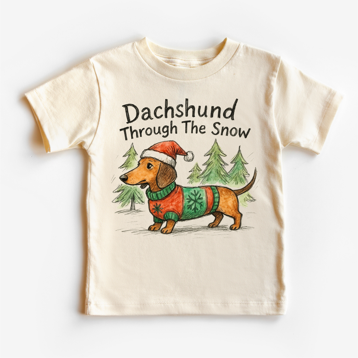 Dachshund Through The Snow Christmas design on a natural garment.