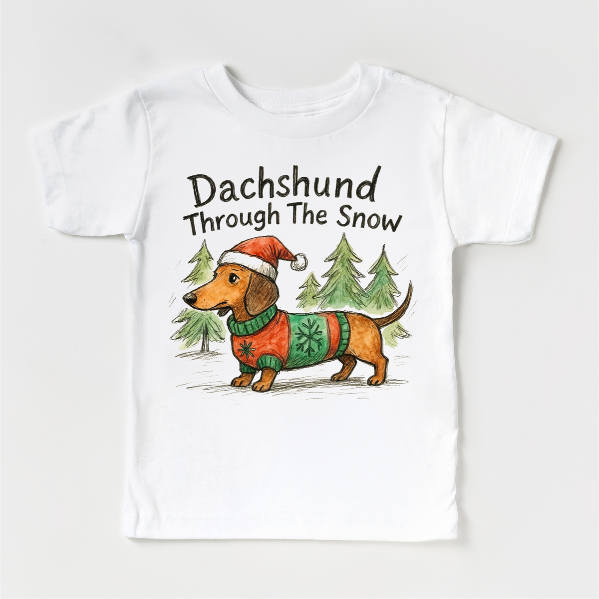 Dachshund Through The Snow Christmas design on a white garment.