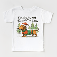 Dachshund Through The Snow Christmas design on a white garment.