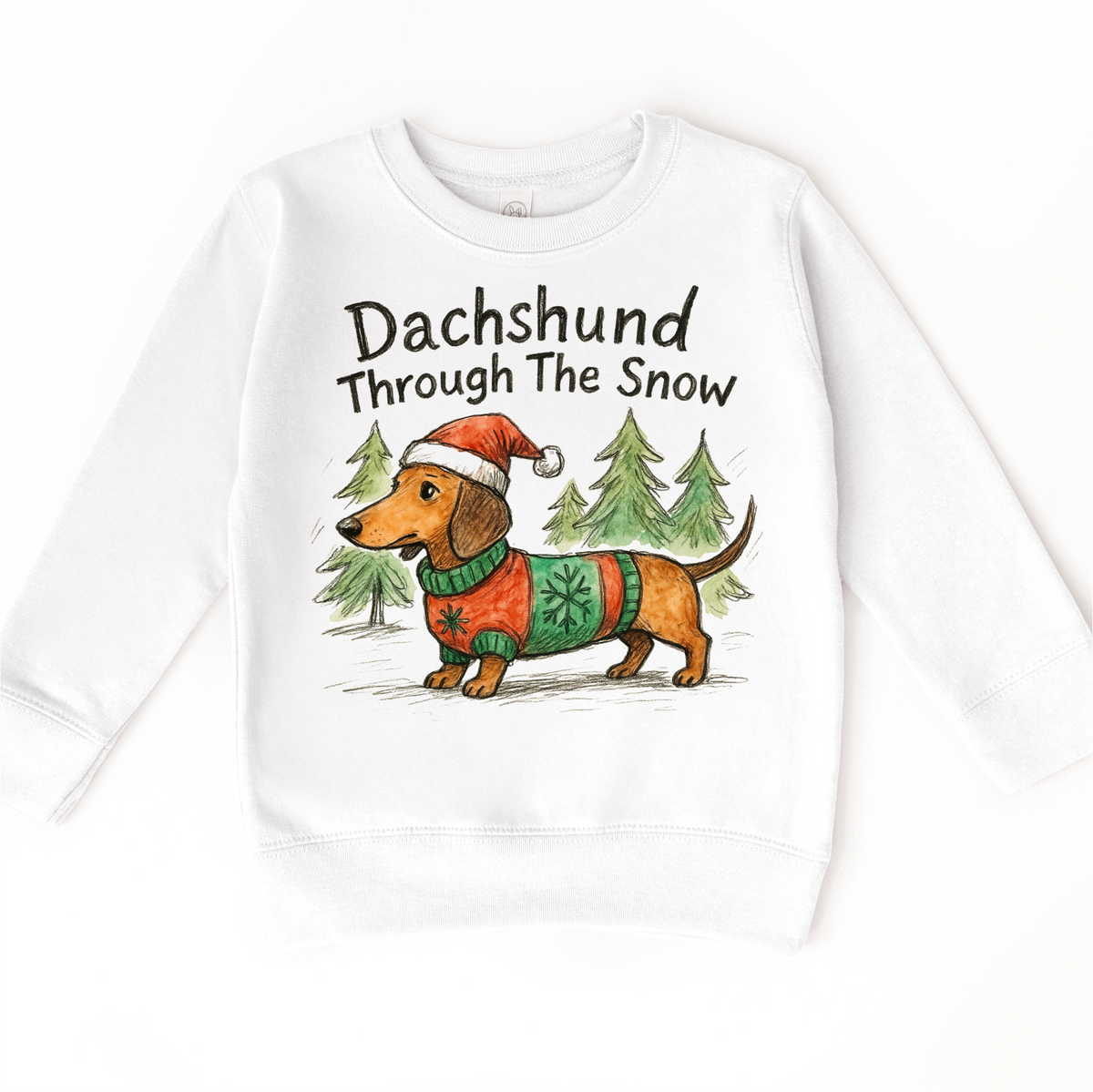 Dachshund Through The Snow Christmas design on a white sweatshirt.