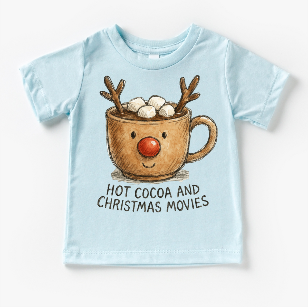 Hot Cocoa And Christmas Movies design on a blue garment.