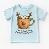 Hot Cocoa And Christmas Movies design on a blue garment.