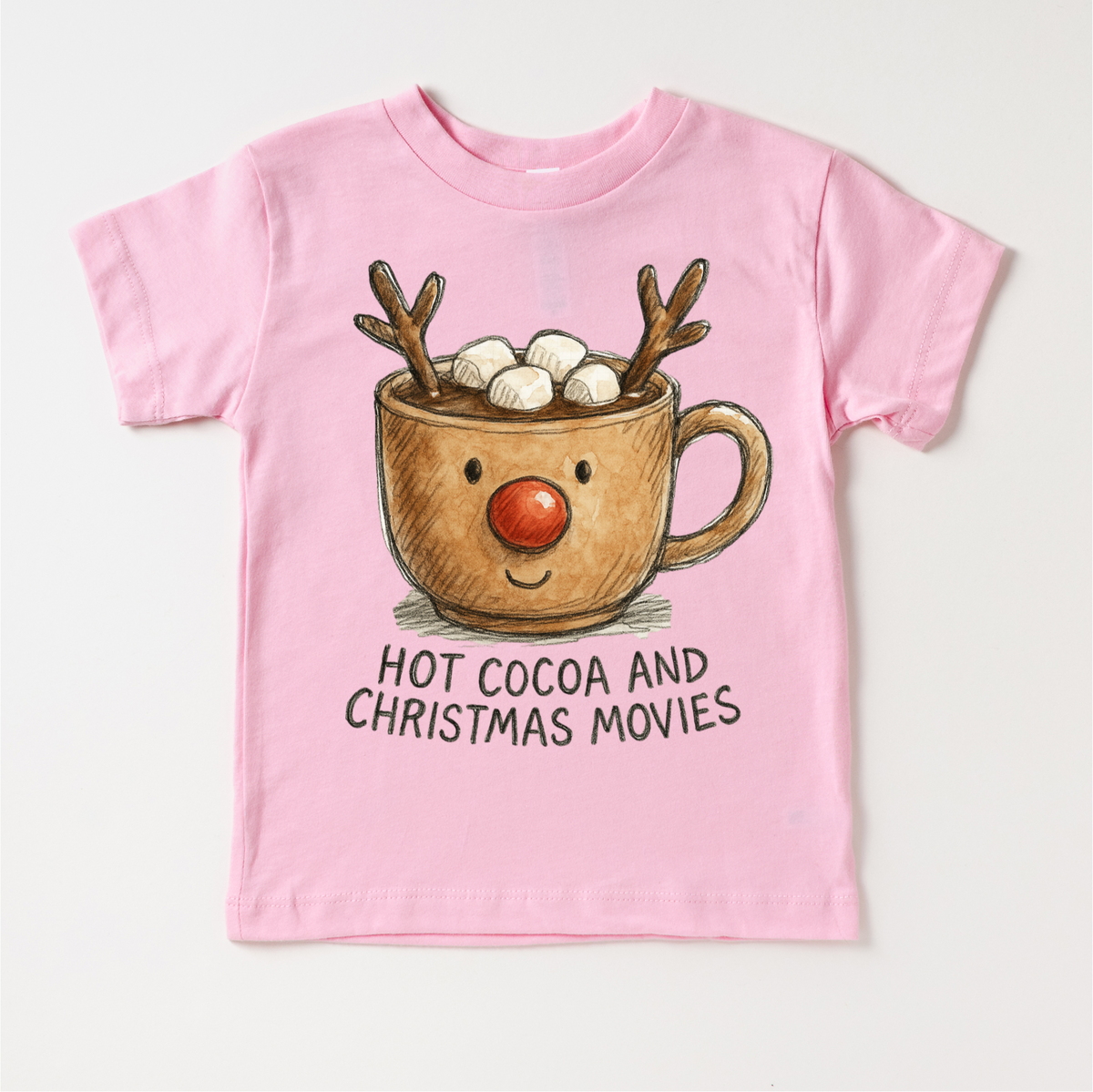 Hot Cocoa And Christmas Movies design on a pink garment.