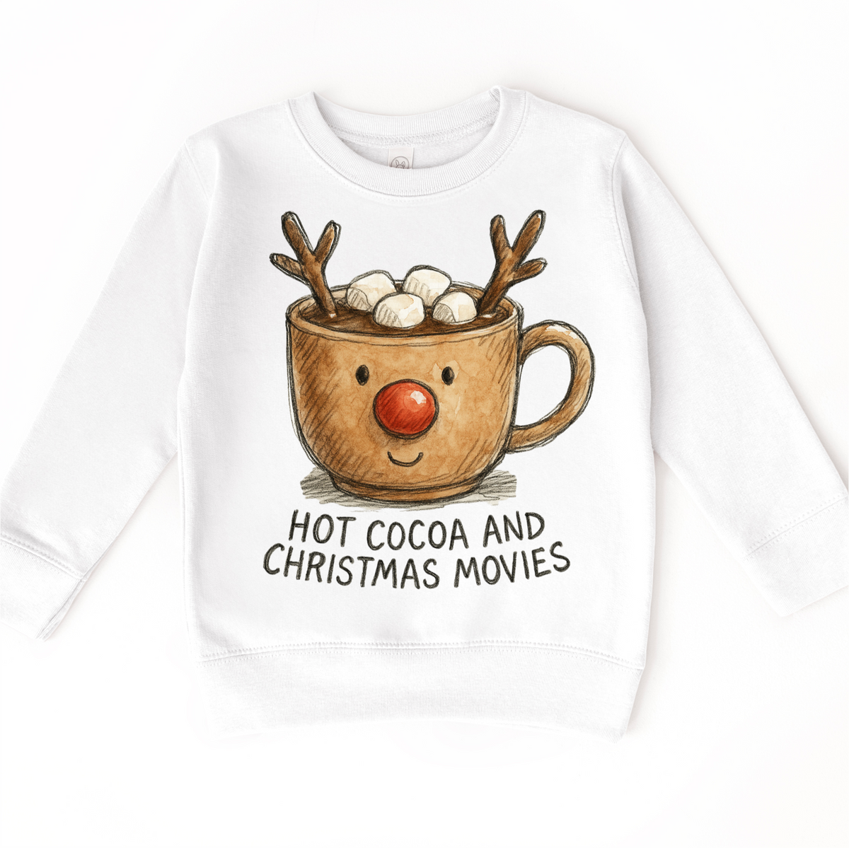 Hot Cocoa And Christmas Movies design on a white sweatshirt.