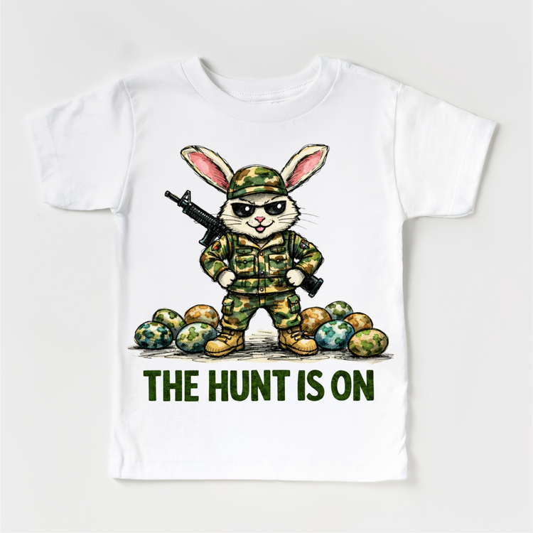 The Hunt Is On Camo Easter Bunny Shirt - Kids Easter Egg Hunt Tee