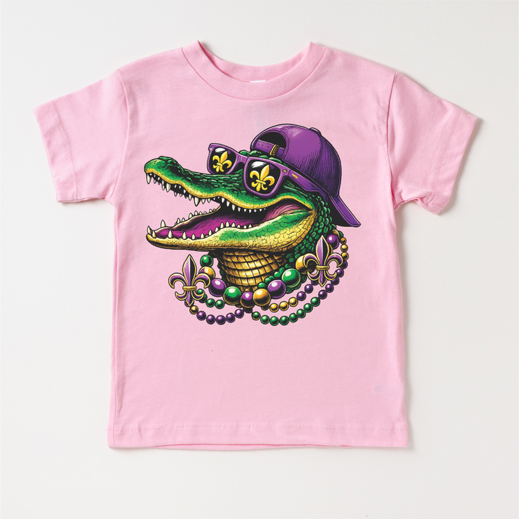 Mardi Gras Alligator WIth Beads Shirt -  Boy's Gator Tee