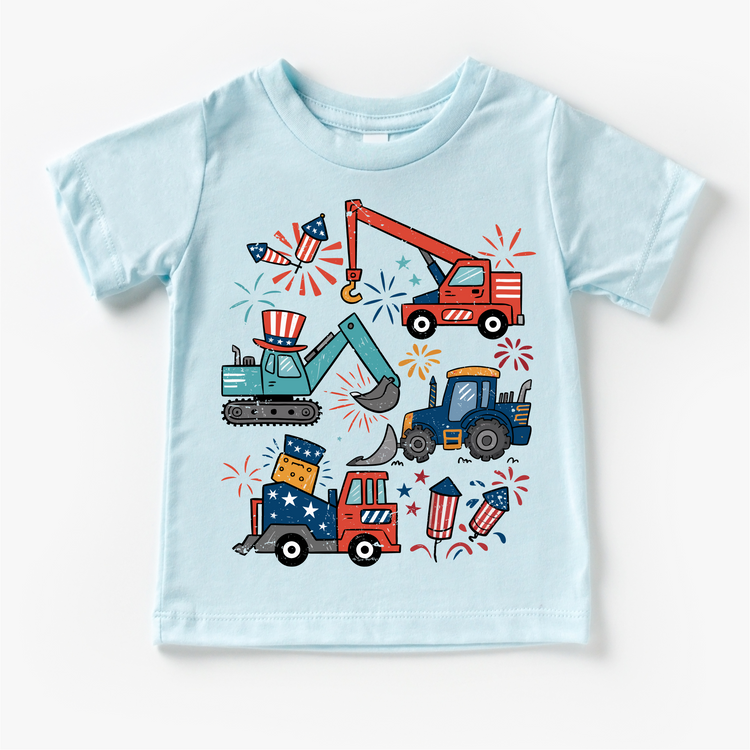 All American Construction Trucks Kids Shirt | 4th of July Boy Tee | Excavator Tractor Fireworks Shirt | Patriotic Toddler Tee