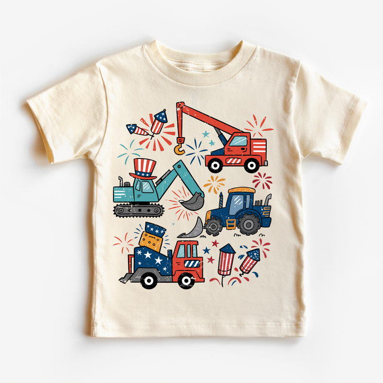 All American Construction Trucks Kids Shirt | 4th of July Boy Tee | Excavator Tractor Fireworks Shirt | Patriotic Toddler Tee