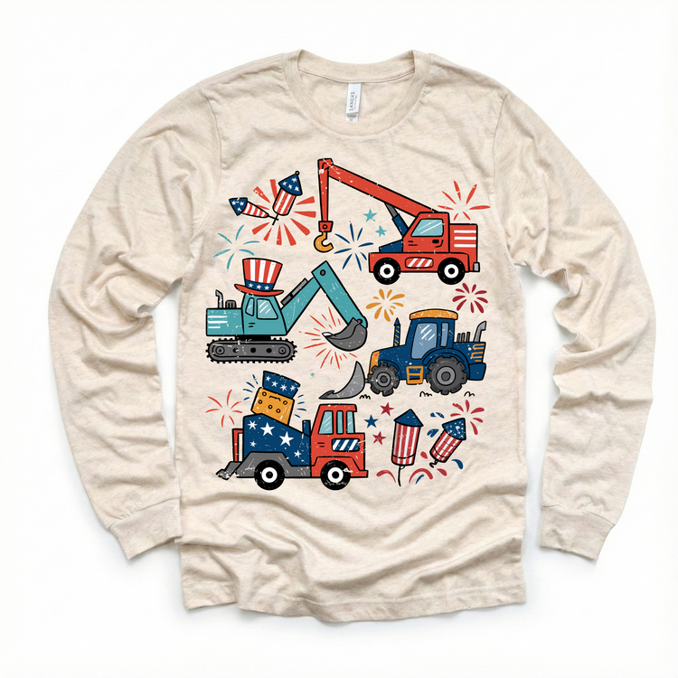 All American Construction Trucks Kids Shirt | 4th of July Boy Tee | Excavator Tractor Fireworks Shirt | Patriotic Toddler Tee