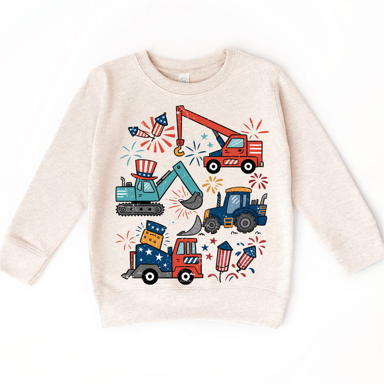 All American Construction Trucks Kids Shirt | 4th of July Boy Tee | Excavator Tractor Fireworks Shirt | Patriotic Toddler Tee
