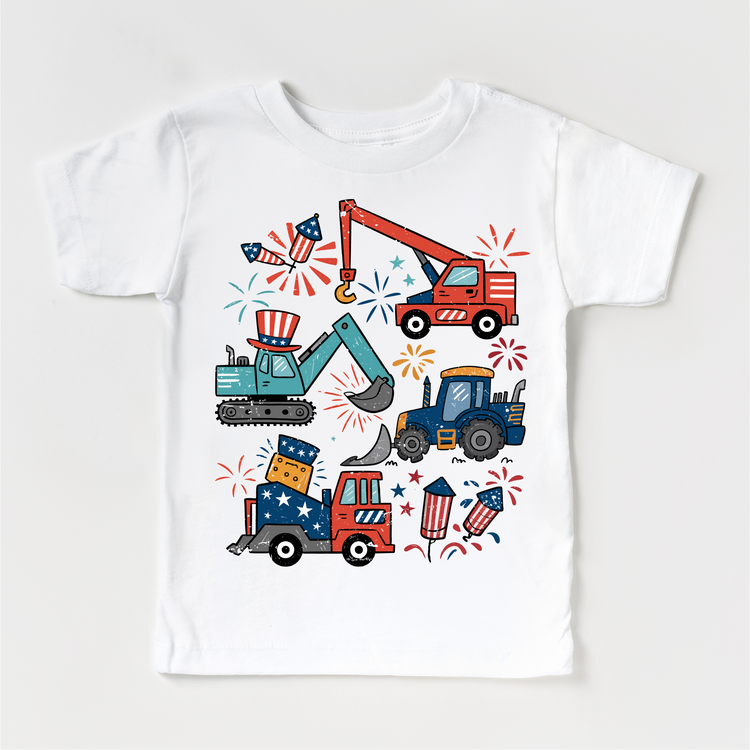 All American Construction Trucks Kids Shirt | 4th of July Boy Tee | Excavator Tractor Fireworks Shirt | Patriotic Toddler Tee