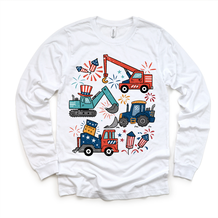 All American Construction Trucks Kids Shirt | 4th of July Boy Tee | Excavator Tractor Fireworks Shirt | Patriotic Toddler Tee