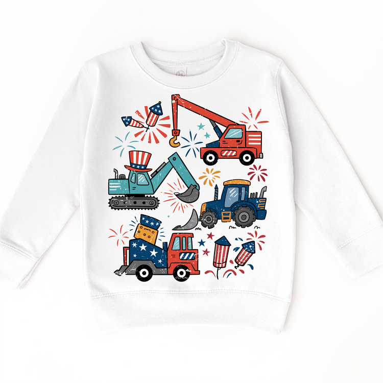 All American Construction Trucks Kids Shirt | 4th of July Boy Tee | Excavator Tractor Fireworks Shirt | Patriotic Toddler Tee