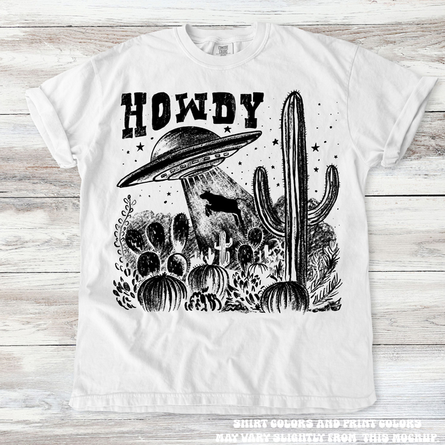 Retro UFO Cow Abduction Funny Western Tee - Printed On Comfort Colors