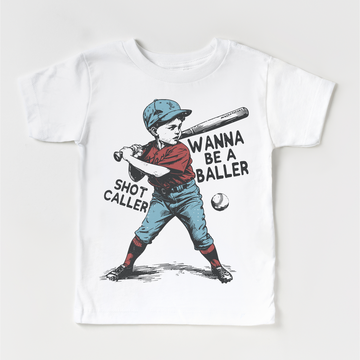 Kids Baseball design on a white garment.