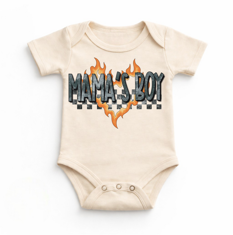 Mama’s Boy Baby Bodysuit / Onesies® | Edgy Flame Heart Infant Outfit | Retro Checkerboard Baby Clothes | Cool Boy Graphic