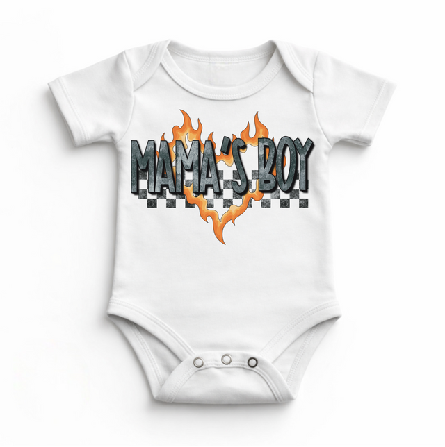 Mama’s Boy Baby Bodysuit / Onesies® | Edgy Flame Heart Infant Outfit | Retro Checkerboard Baby Clothes | Cool Boy Graphic