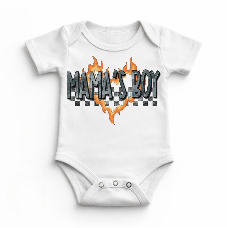 Mama’s Boy Baby Bodysuit / Onesies® | Edgy Flame Heart Infant Outfit | Retro Checkerboard Baby Clothes | Cool Boy Graphic