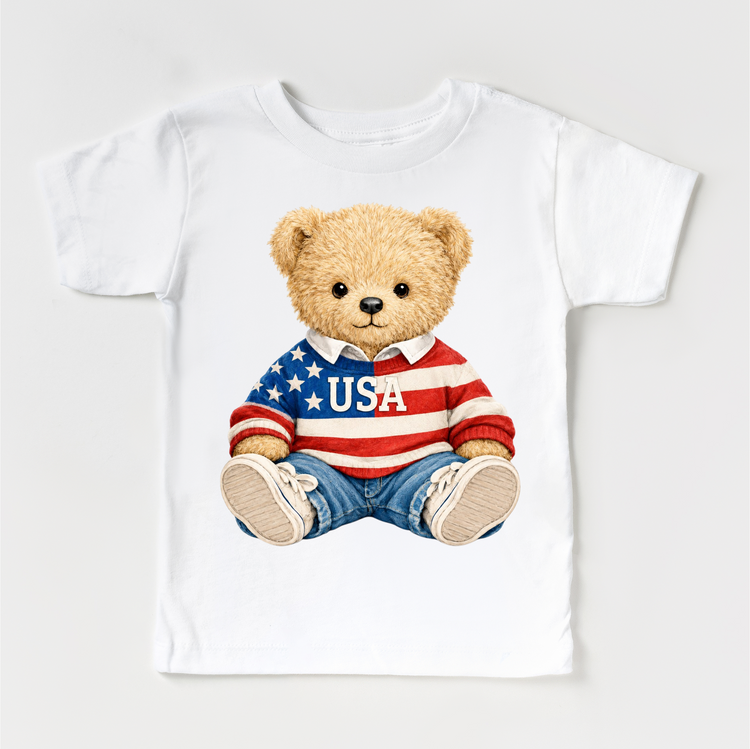 Patriotic Teddy Bear Shirt – USA Bear Tee – Kids 4th of July Shirt – Americana Bear Outfit – Red White Blue Tee