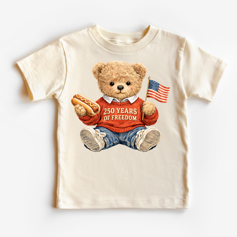 250 Years of Freedom Teddy Bear Shirt – Patriotic Kids 4th of July Tee – America 250 Celebration Shirt – Red White Blue Toddler Graphic Tee