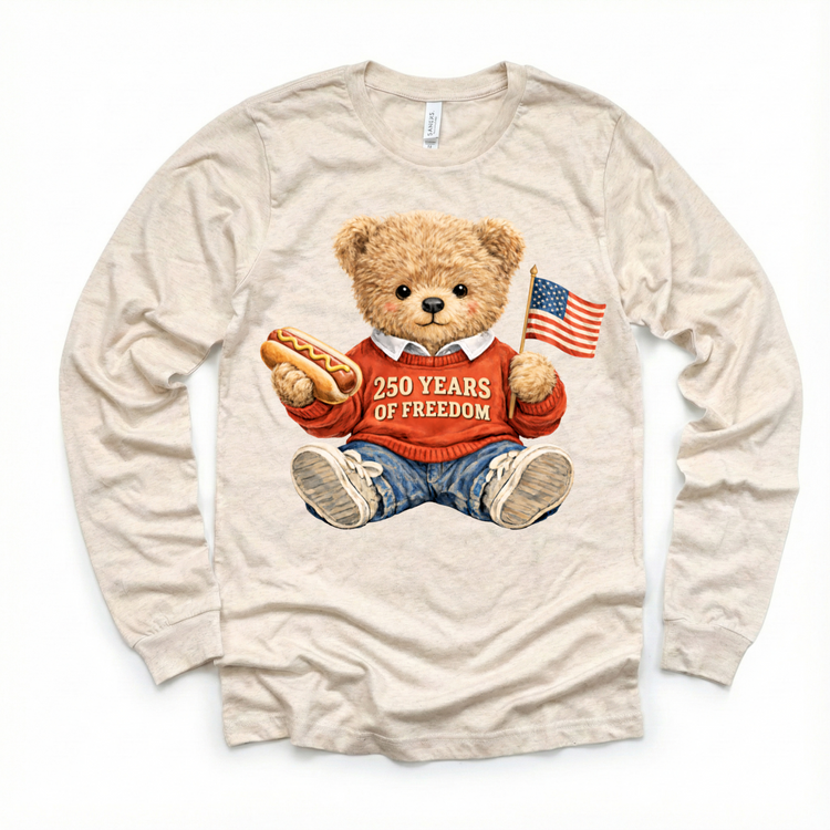 250 Years of Freedom Teddy Bear Shirt – Patriotic Kids 4th of July Tee – America 250 Celebration Shirt – Red White Blue Toddler Graphic Tee