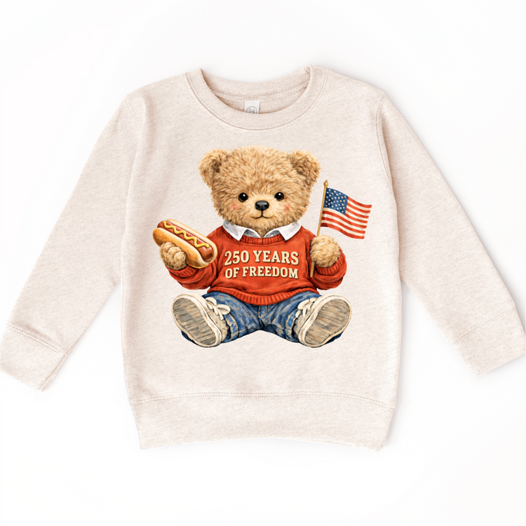 250 Years of Freedom Teddy Bear Shirt – Patriotic Kids 4th of July Tee – America 250 Celebration Shirt – Red White Blue Toddler Graphic Tee