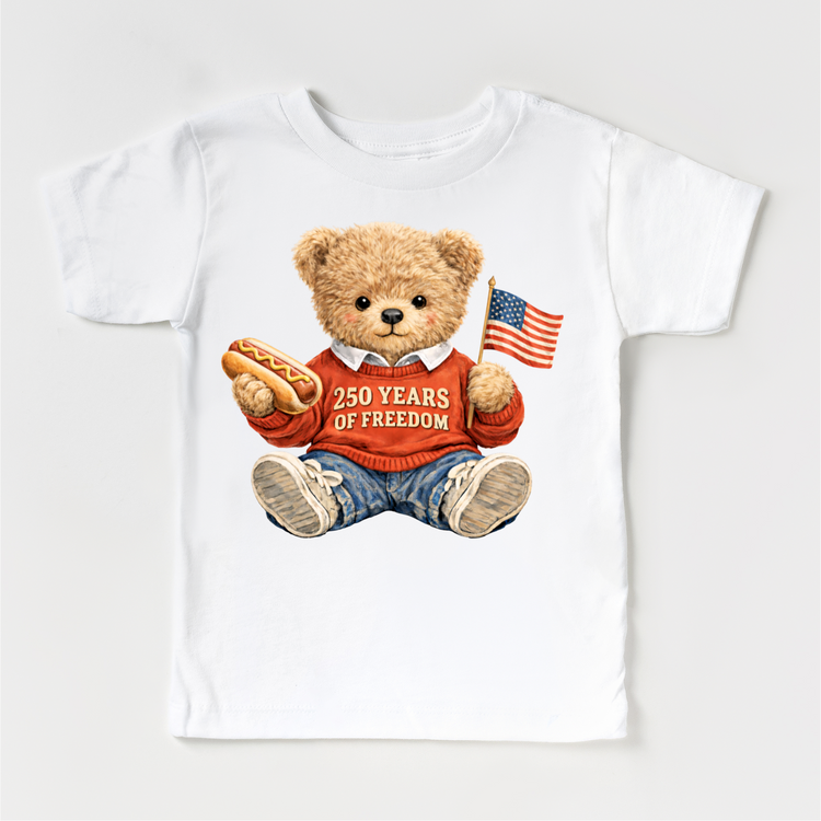 250 Years of Freedom Teddy Bear Shirt – Patriotic Kids 4th of July Tee – America 250 Celebration Shirt – Red White Blue Toddler Graphic Tee