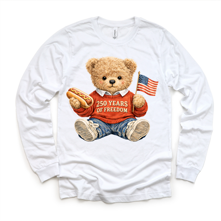 250 Years of Freedom Teddy Bear Shirt – Patriotic Kids 4th of July Tee – America 250 Celebration Shirt – Red White Blue Toddler Graphic Tee