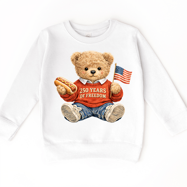 250 Years of Freedom Teddy Bear Shirt – Patriotic Kids 4th of July Tee – America 250 Celebration Shirt – Red White Blue Toddler Graphic Tee