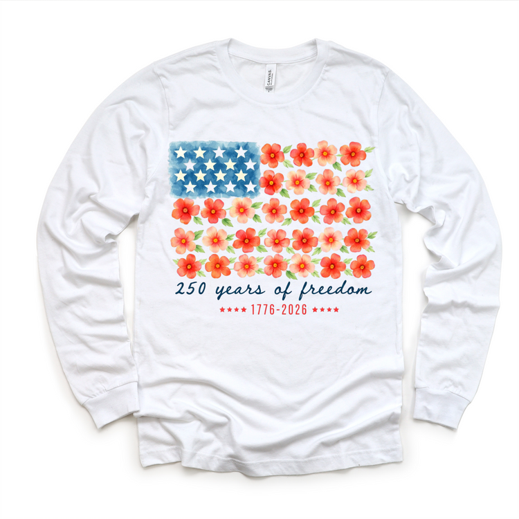 Kids 4th of July Shirt – 250 Years of Freedom Floral American Flag Tee – Patriotic Kids Shirt – 1776-2026 Independence Day Shirt