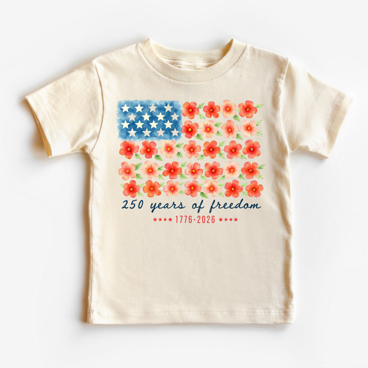 Kids 4th of July Shirt – 250 Years of Freedom Floral American Flag Tee – Patriotic Kids Shirt – 1776-2026 Independence Day Shirt