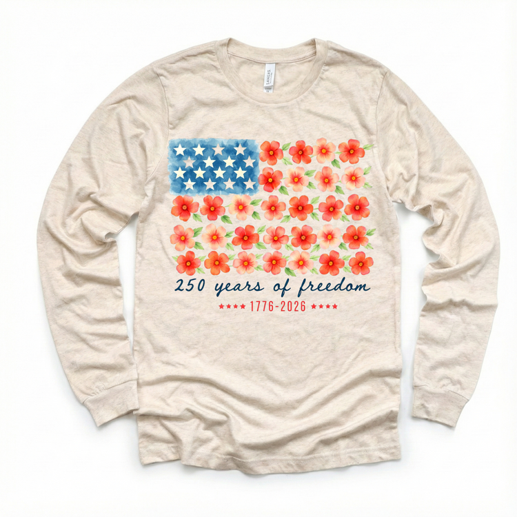 Kids 4th of July Shirt – 250 Years of Freedom Floral American Flag Tee – Patriotic Kids Shirt – 1776-2026 Independence Day Shirt
