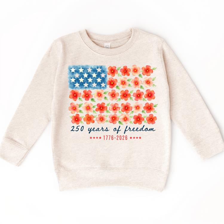 Kids 4th of July Shirt – 250 Years of Freedom Floral American Flag Tee – Patriotic Kids Shirt – 1776-2026 Independence Day Shirt