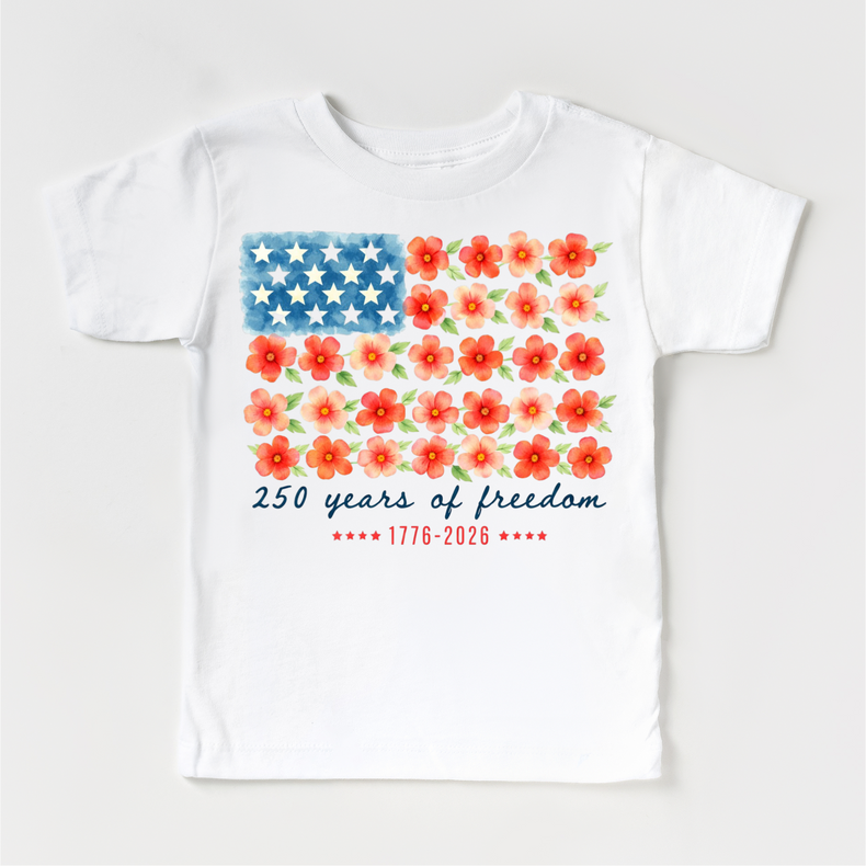 Kids 4th of July Shirt – 250 Years of Freedom Floral American Flag Tee – Patriotic Kids Shirt – 1776-2026 Independence Day Shirt