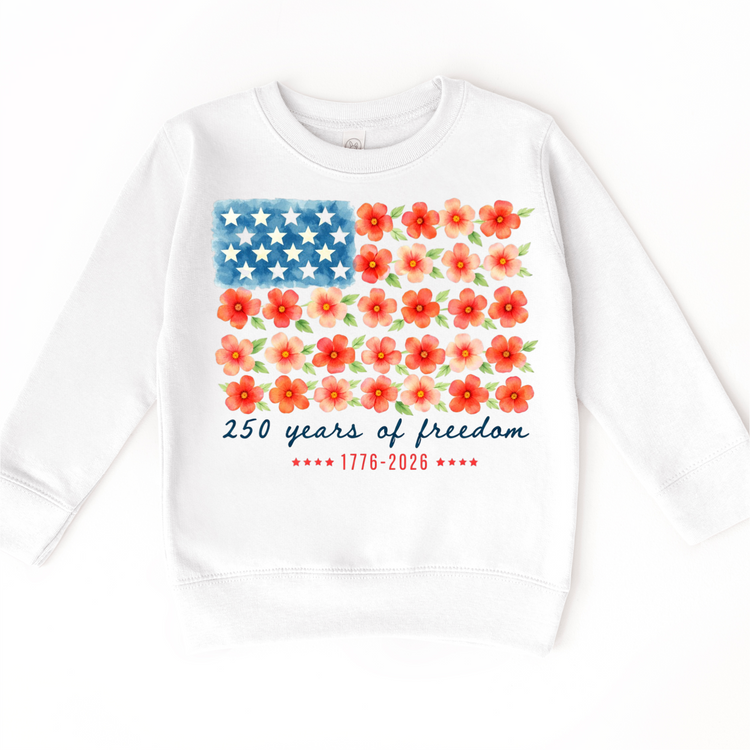 Kids 4th of July Shirt – 250 Years of Freedom Floral American Flag Tee – Patriotic Kids Shirt – 1776-2026 Independence Day Shirt