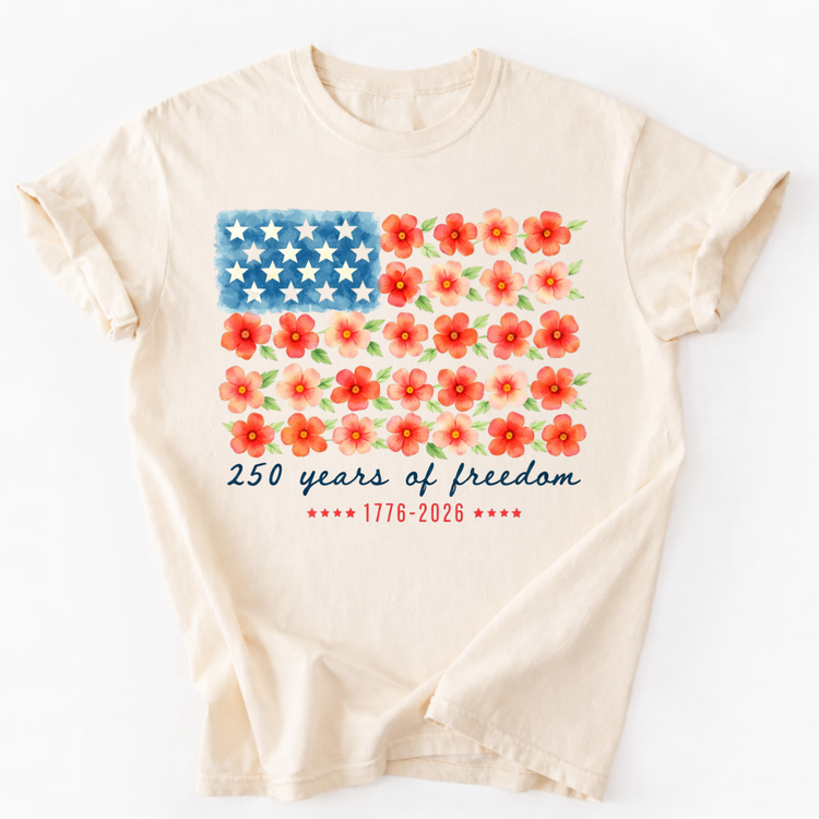 Patriotic Flag Floral 250 Years 4th Of July Unisex T-Shirt - Independence Day Tee Printed On Comfort Colors