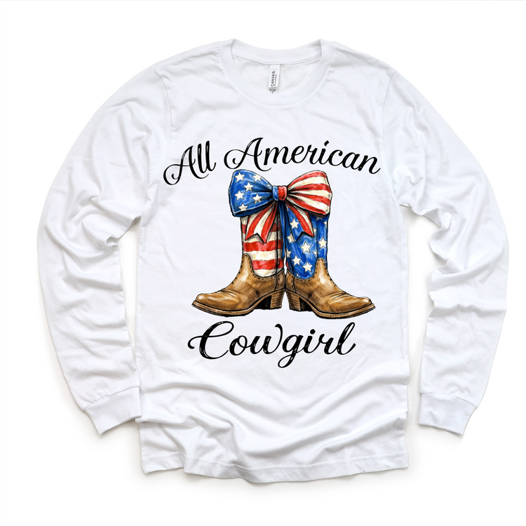 All American Cowgirl Shirt – Patriotic Cowgirl Boots Tee with Bow – 4th of July Girls Western Shirt – Cute Americana Kids Outfit
