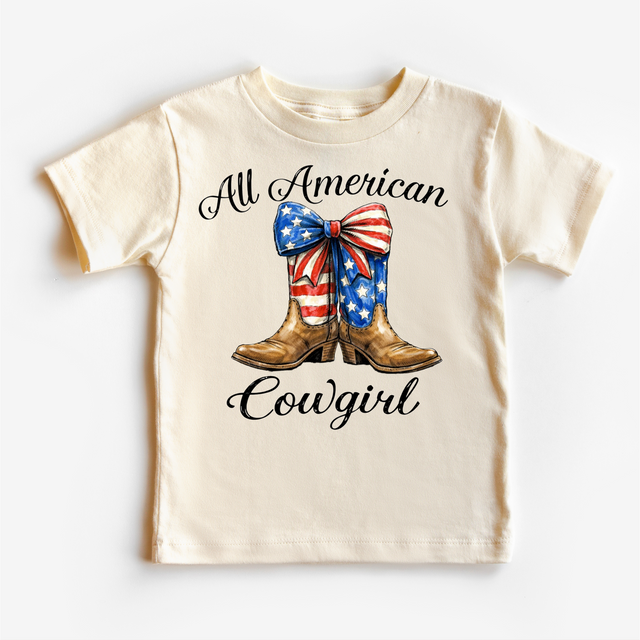 All American Cowgirl Shirt – Patriotic Cowgirl Boots Tee with Bow – 4th of July Girls Western Shirt – Cute Americana Kids Outfit