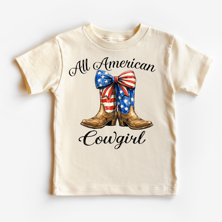 All American Cowgirl Shirt – Patriotic Cowgirl Boots Tee with Bow – 4th of July Girls Western Shirt – Cute Americana Kids Outfit