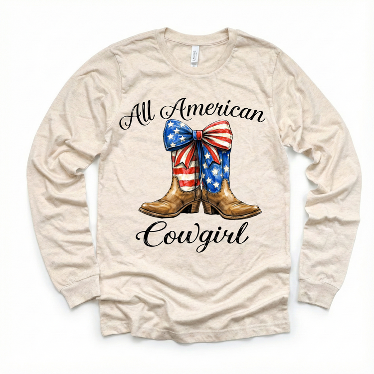 All American Cowgirl Shirt – Patriotic Cowgirl Boots Tee with Bow – 4th of July Girls Western Shirt – Cute Americana Kids Outfit