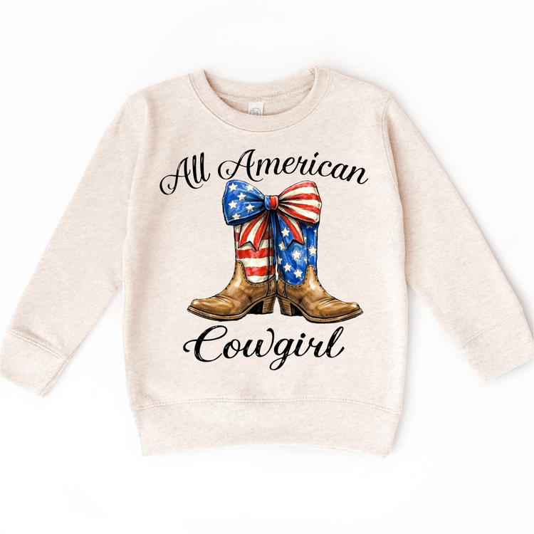 All American Cowgirl Shirt – Patriotic Cowgirl Boots Tee with Bow – 4th of July Girls Western Shirt – Cute Americana Kids Outfit