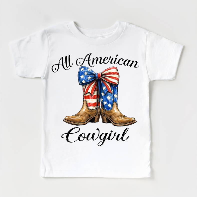 All American Cowgirl Shirt – Patriotic Cowgirl Boots Tee with Bow – 4th of July Girls Western Shirt – Cute Americana Kids Outfit